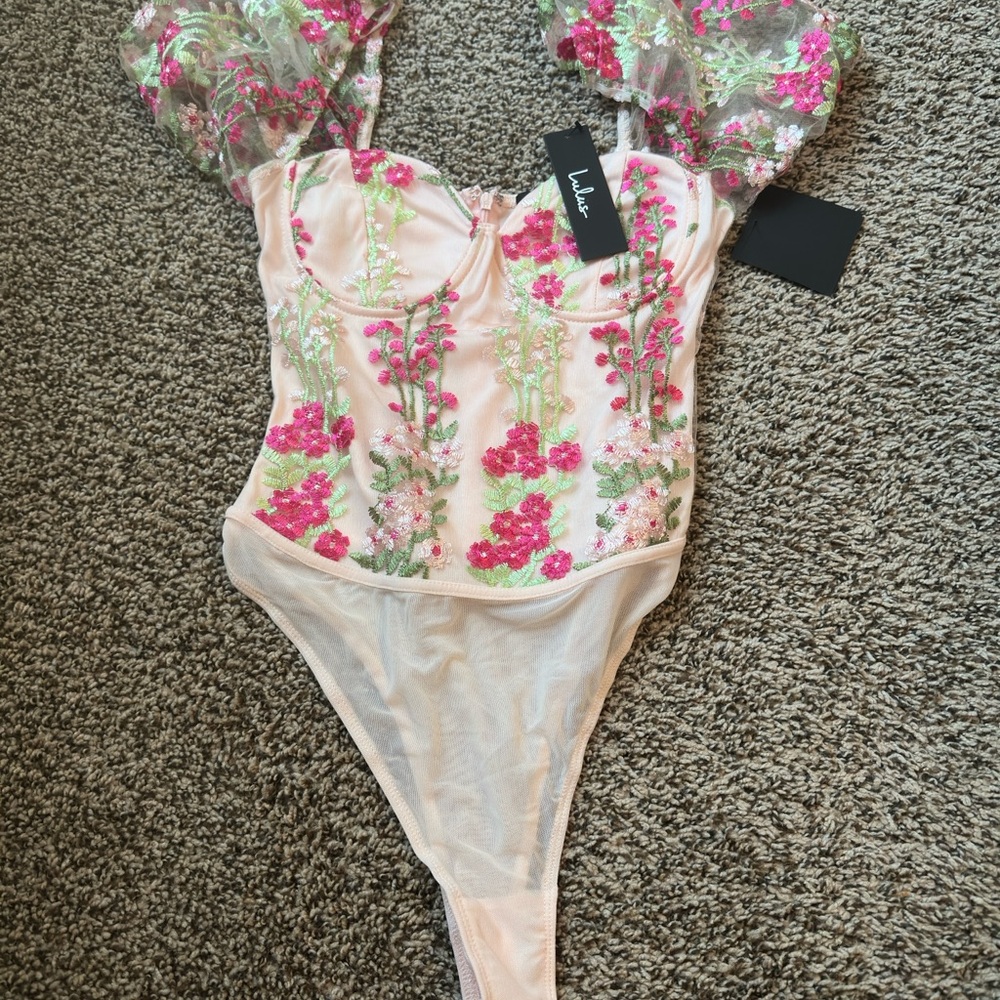 Lulu's Pink and Green Floral Bodysuit with Sweetheart Neckline